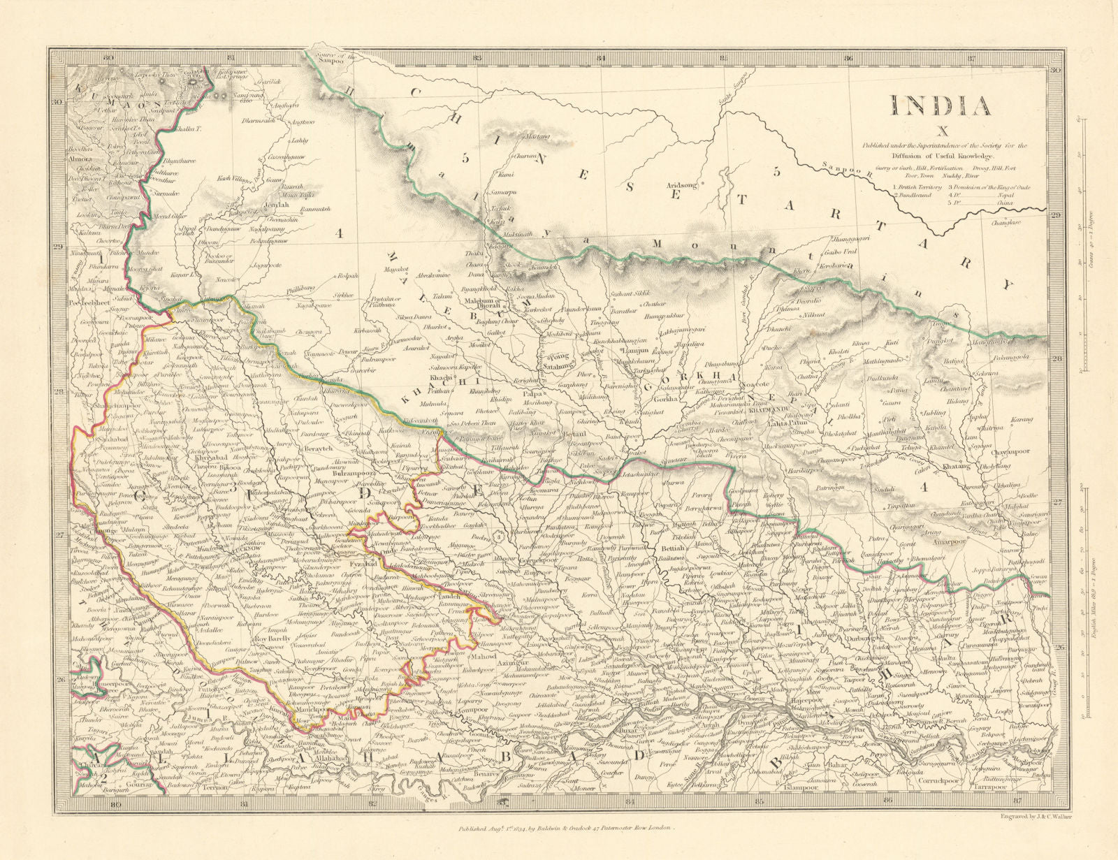 NEPAL AND NORTHERN INDIA. Oude (Awadh) to Allahabad. Gorkha. SDUK 1844 old map